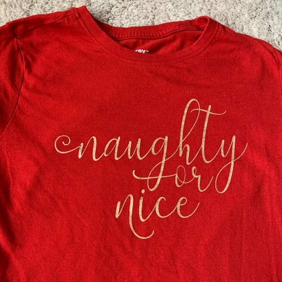 🎆🎇3for$9 Naughty or Nice? Women’s red holiday short-sleeve t shirt. gold text - Picture 2 of 3
